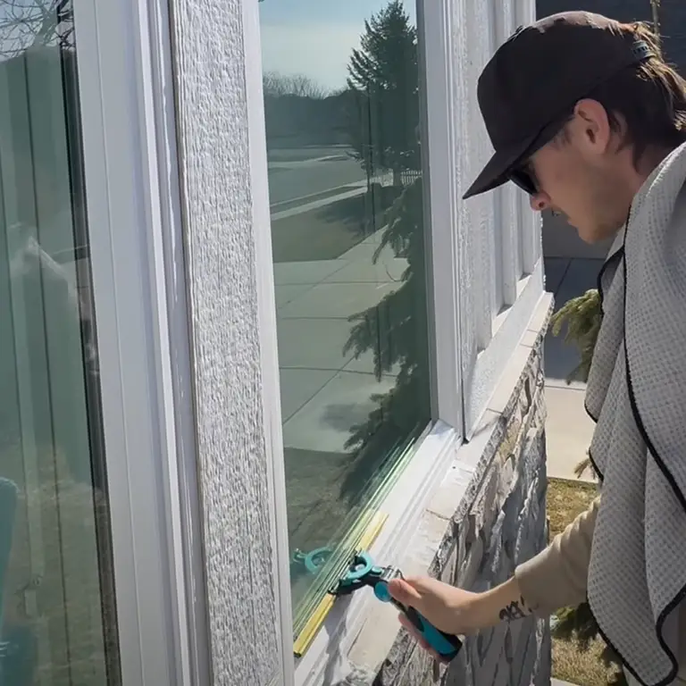 Person using a squeegee to clean the bottom edge of a glass window on a building.