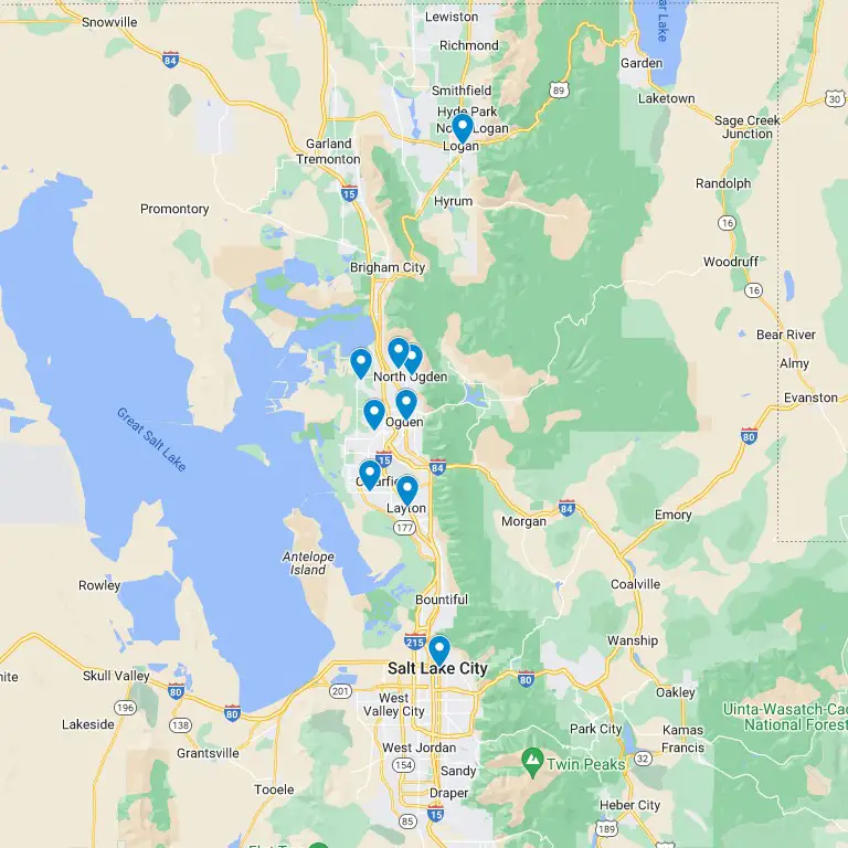 Map showing pins in cities around Great Salt Lake, including Ogden, Layton, and Salt Lake City, Utah.